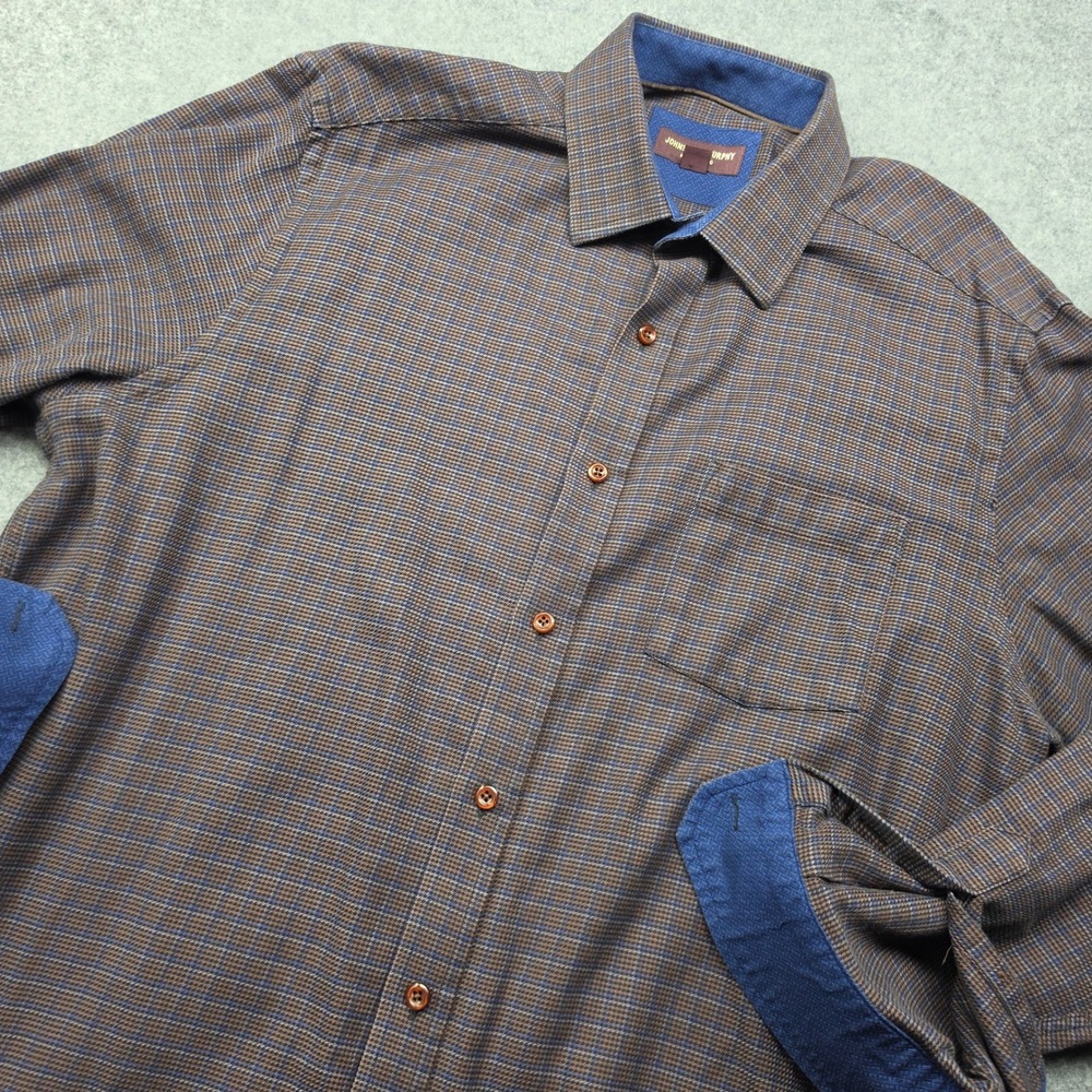 Johnston & Murphy Mens Brown Blue Houndstooth Long Sleeve Button Down Shirt L